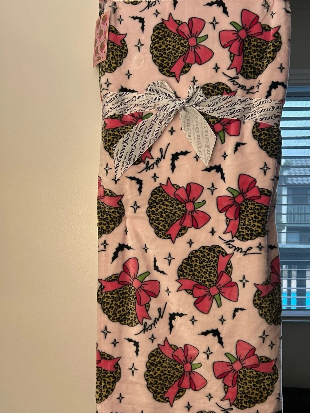 Juicy Couture Pink Plush Throw with Leopard Heart & Bow Print